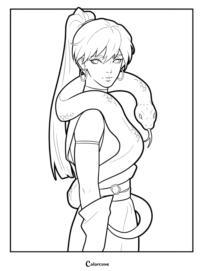 Anime girl with a high ponytail and hoop earrings wearing a snake around her neck in this printable coloring page.