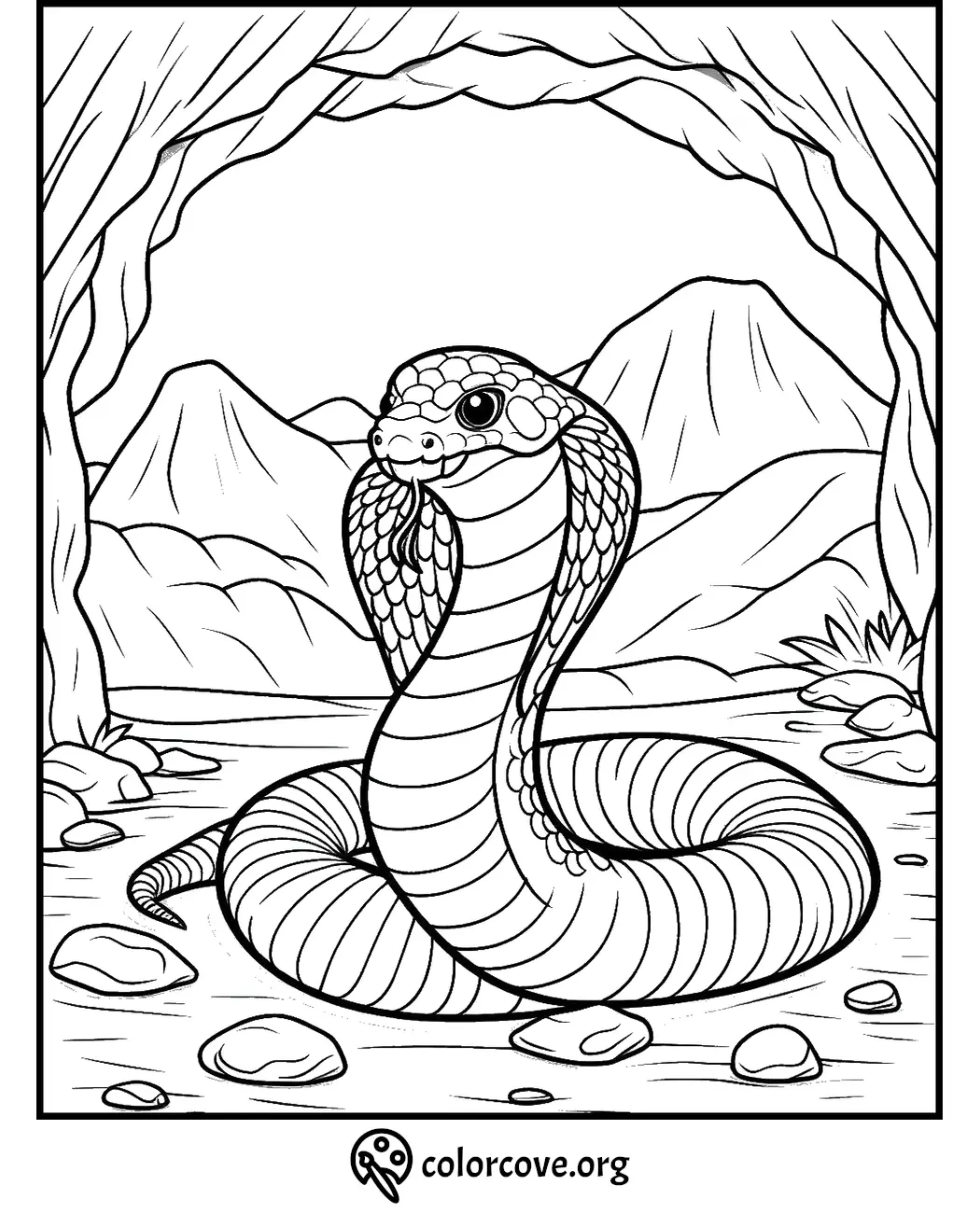 Printable coloring page featuring a coiled cobra in a cave with a scenic mountain background from colorcove.org.