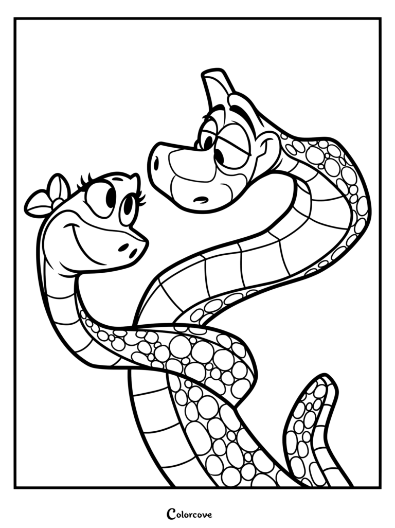 Sir Hiss looking lovingly at Lady Snake with a bow on her head in this black and white line art coloring page.