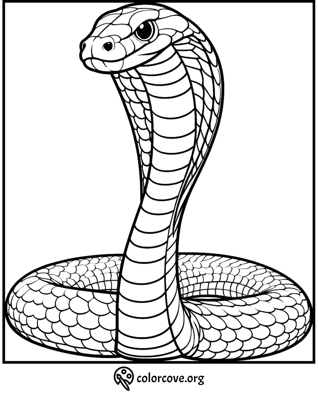 Printable coloring page of a coiled cobra snake with detailed scales and hood, perfect for kids and adults at colorcove.org.