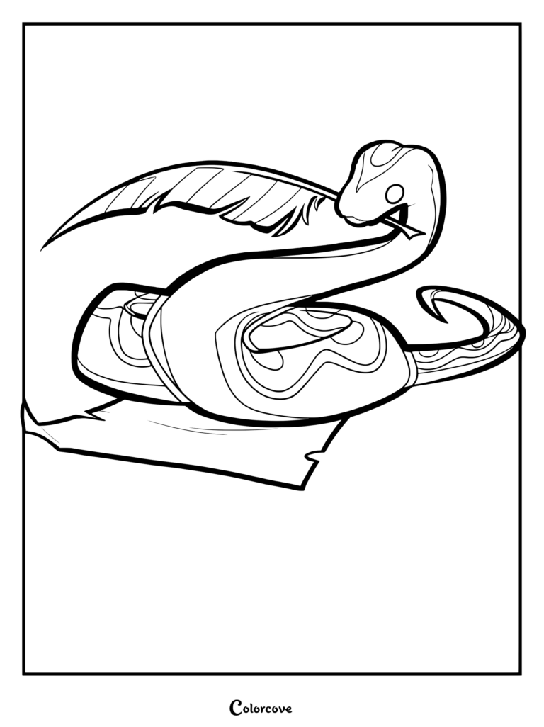 A coiled snake holding a single feather in its mouth in this printable coloring page.