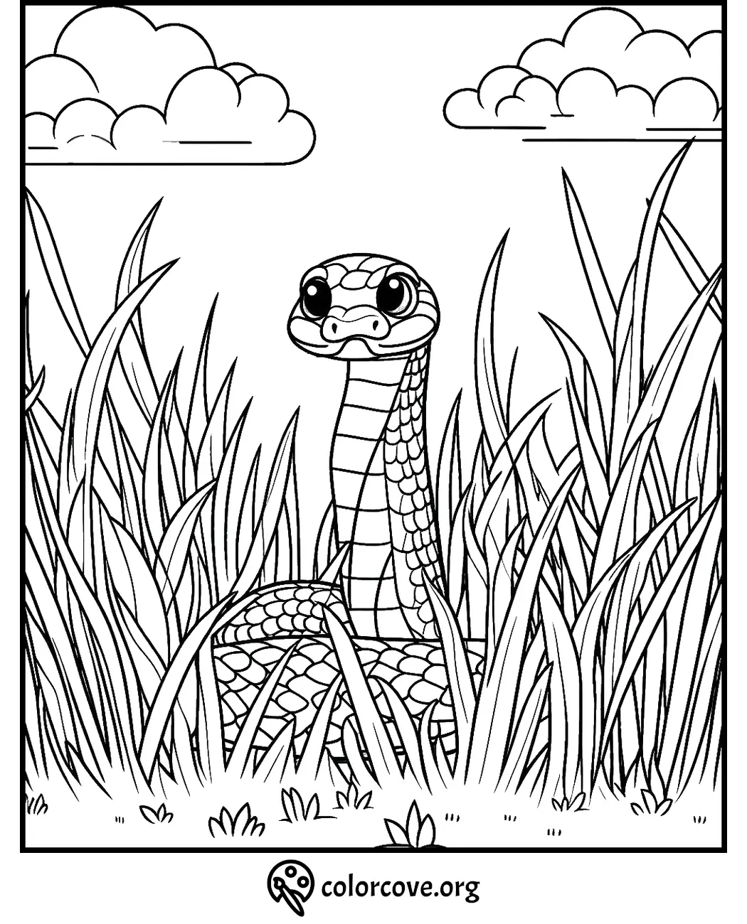 Coloring page of a cute cartoon snake in tall grass with clouds in the sky. Perfect for kids to color.