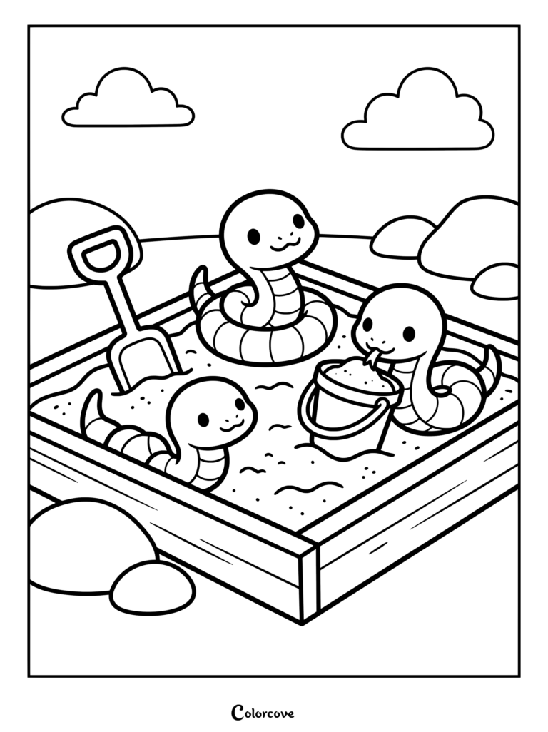 Three cute snakes playing with a shovel and bucket in a wooden sandbox, printable coloring page.