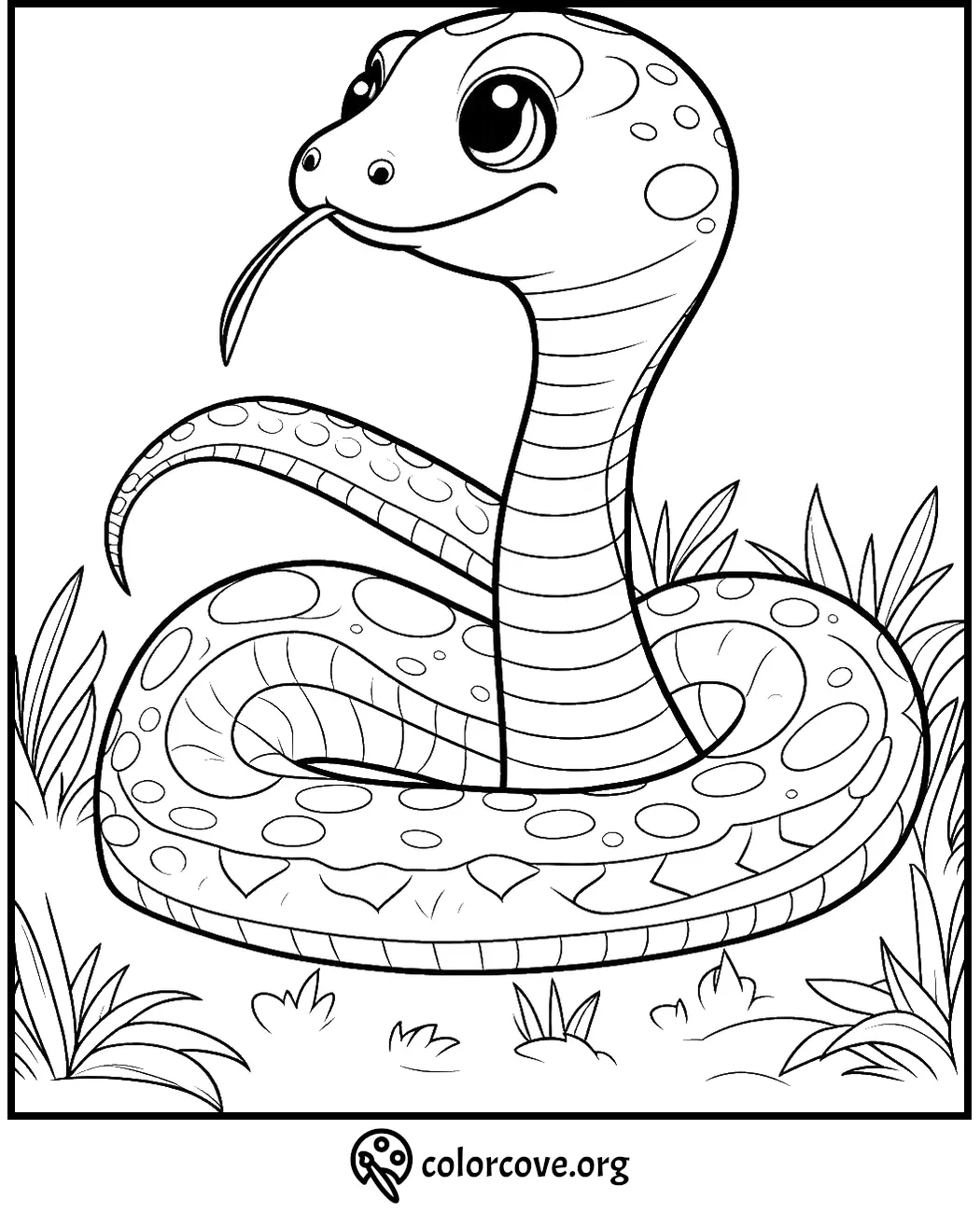 Cartoon snake coloring page with big eyes and curled body in grass, perfect for kids' fun and educational activity.