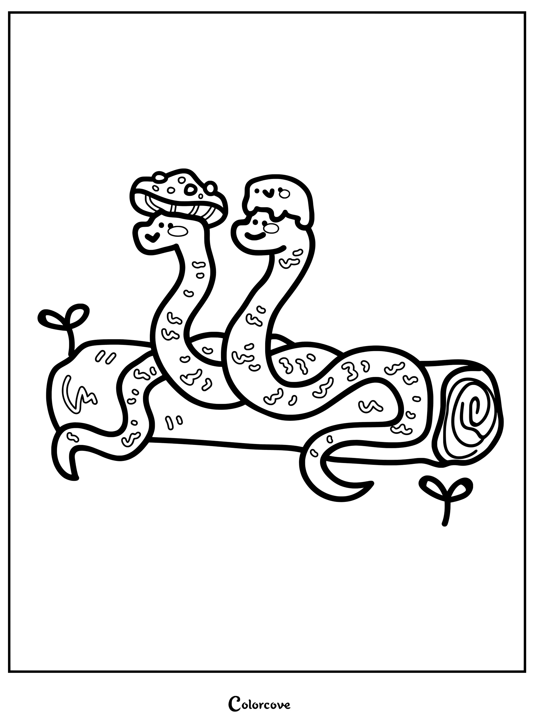 En esta página para colorear imprimible, aparecen dos serpientes sonrientes con sombreros de setas descansando sobre un tronco.