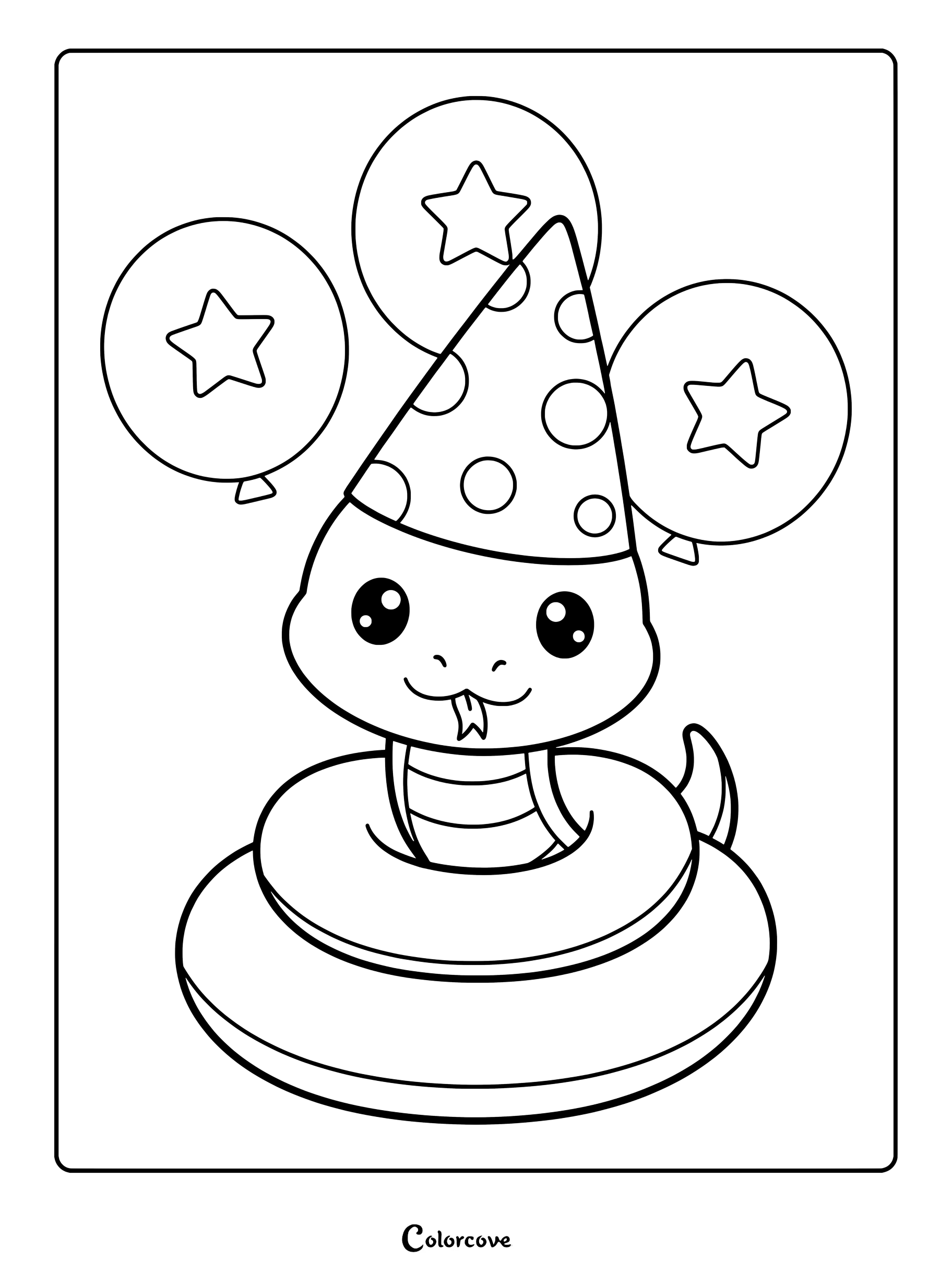 Una simpática serpiente de dibujos animados con un gorro de fiesta de lunares, enroscada en círculo con tres globos con estampado de estrellas al fondo, presentada como una página para colorear imprimible.
