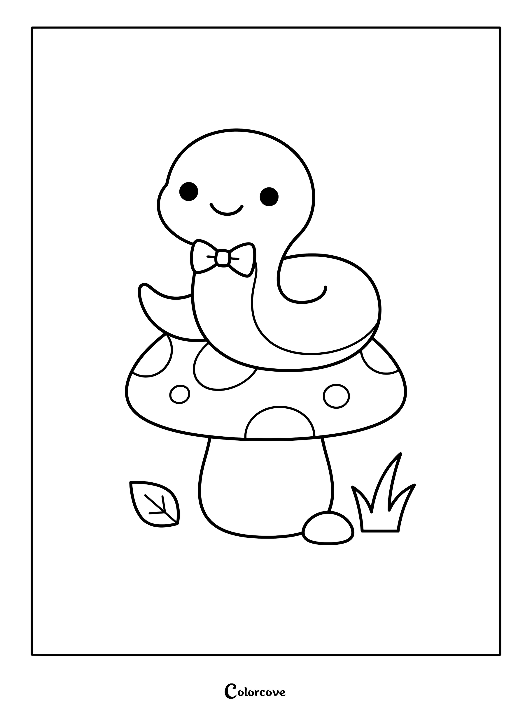 En esta página para colorear imprimible, una simpática serpiente con pajarita está sentada sobre una seta moteada.