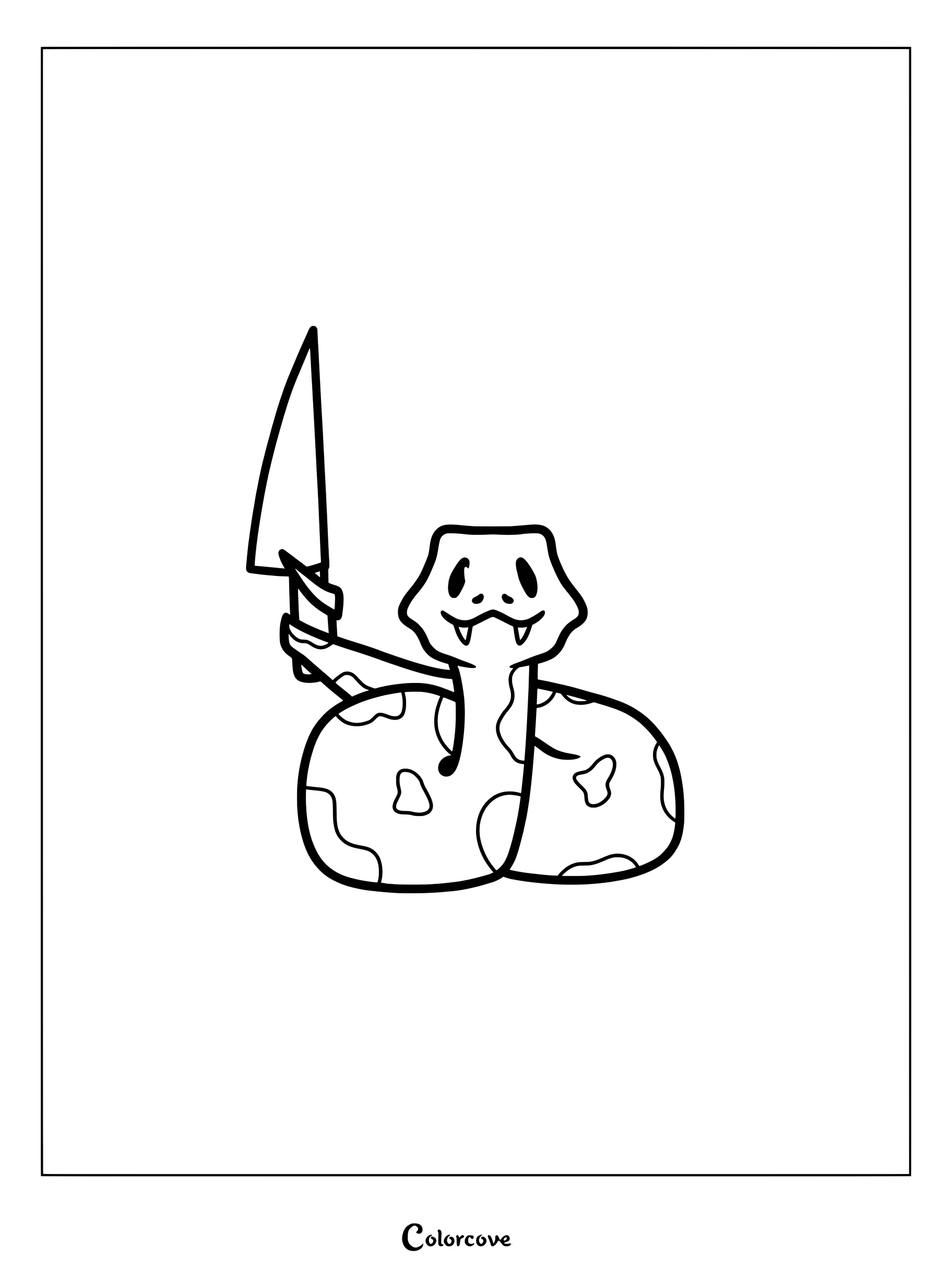 Una simpática serpiente de dibujos animados con manchas que sostiene un gran cuchillo de cocina en su cola, dibujo lineal en blanco y negro para colorear.