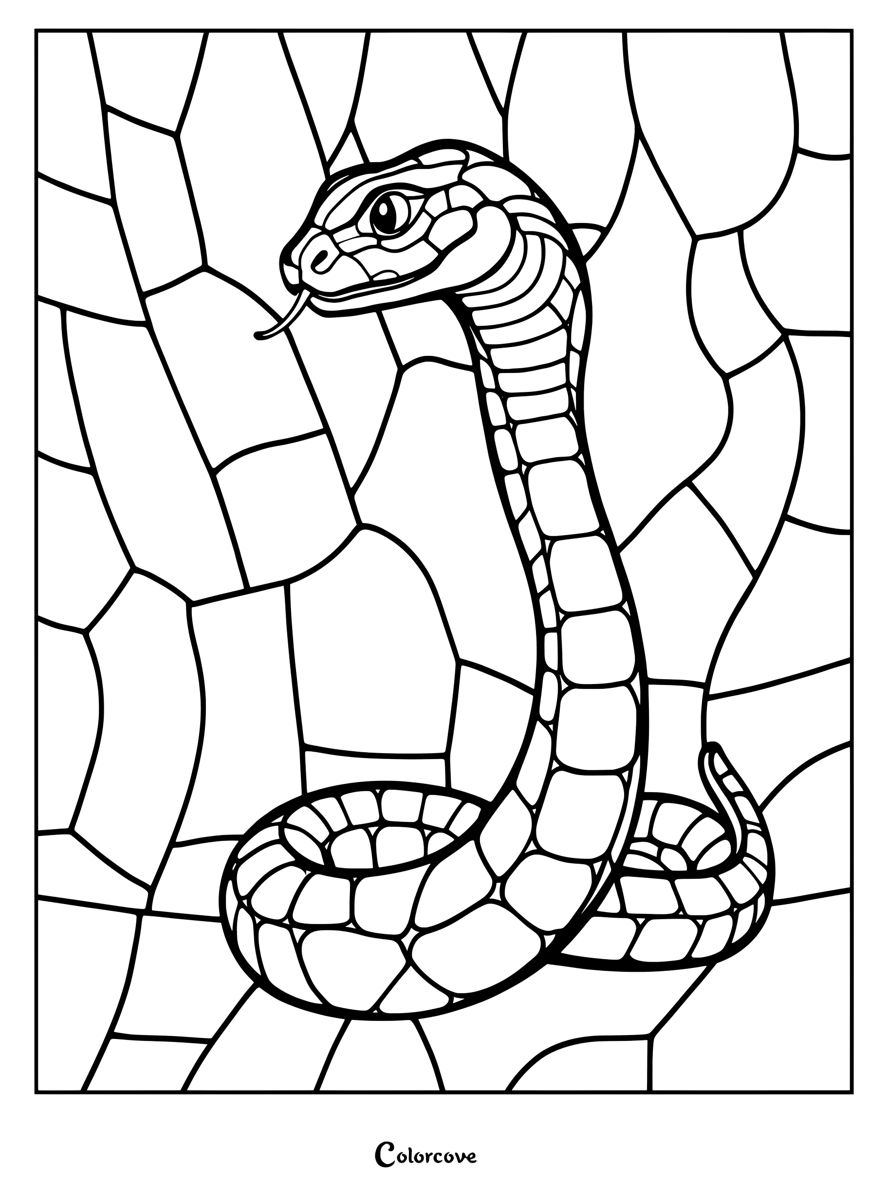 En esta página para colorear imprimible, una serpiente enroscada con la lengua fuera aparece sobre un fondo que imita un vitral.
