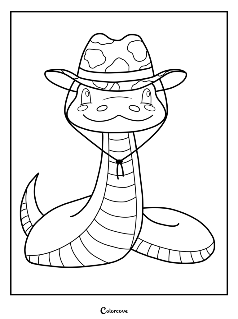 A cute cartoon snake wearing a spotted cowboy hat in this printable coloring page.