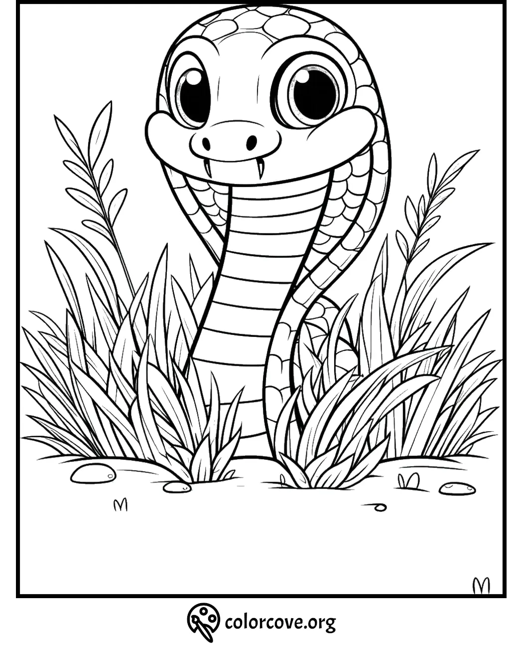 Coloring page of a smiling cartoon snake with big eyes among grass and plants designed for kids from colorcove.org.