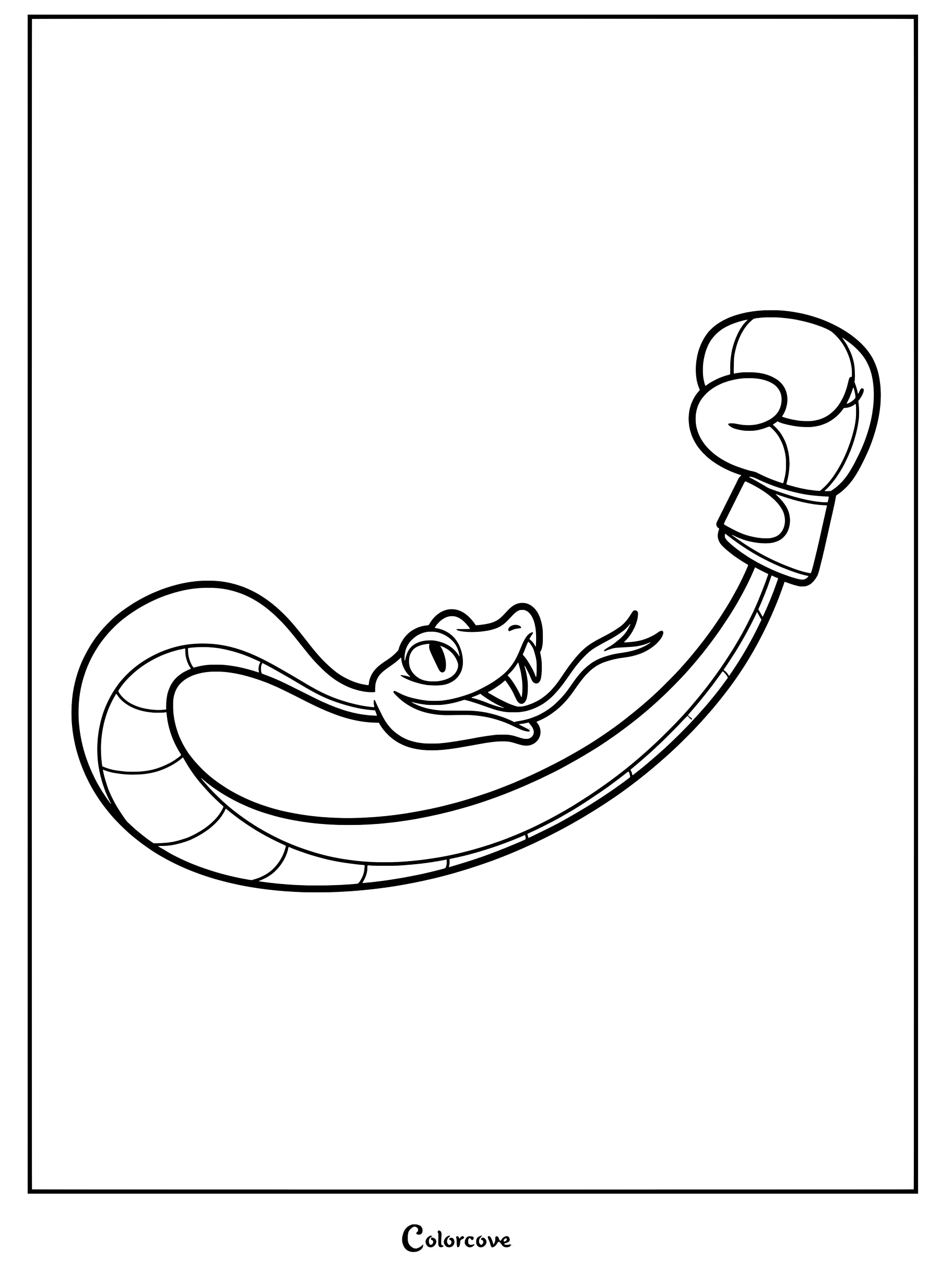 En esta página para colorear imprimible, una serpiente de dibujos animados lleva un gran guante de boxeo en la cola.