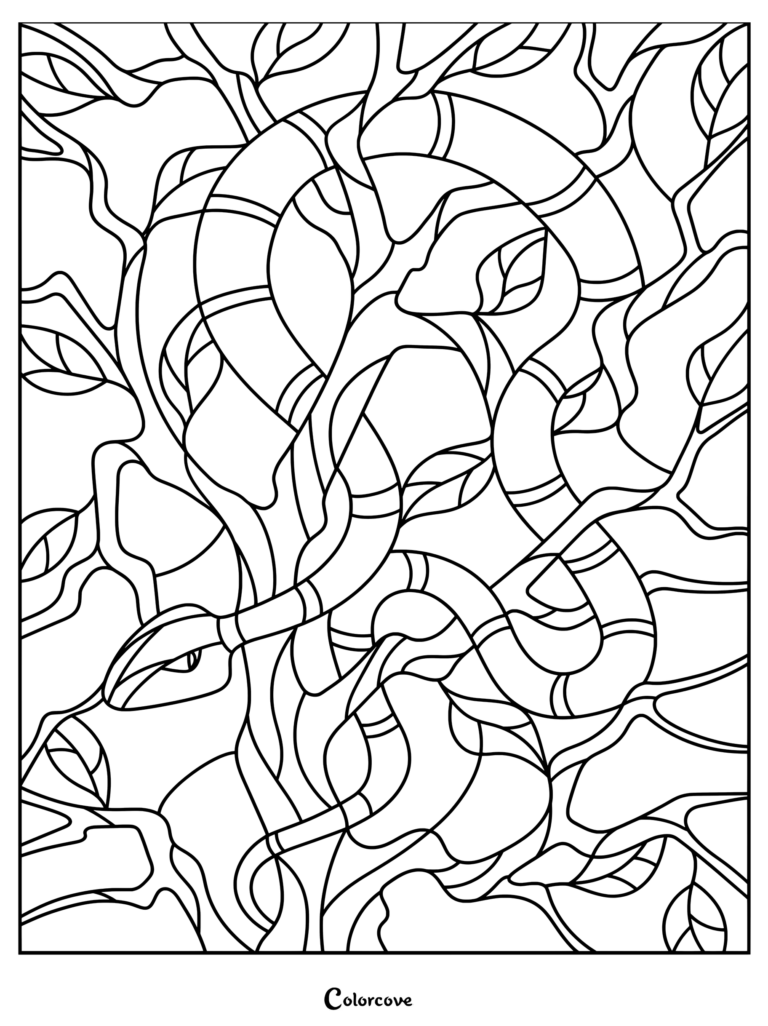 A patterned snake coiled around thick tree branches in this detailed line art coloring page.