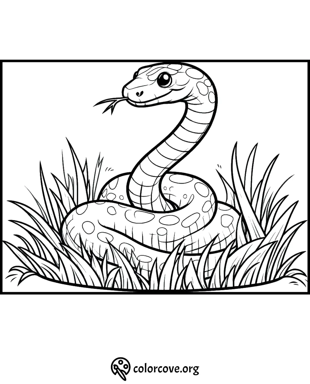 Coloring page of a coiled snake with spots, surrounded by grass, sticking out its tongue. Perfect for kids' activities.