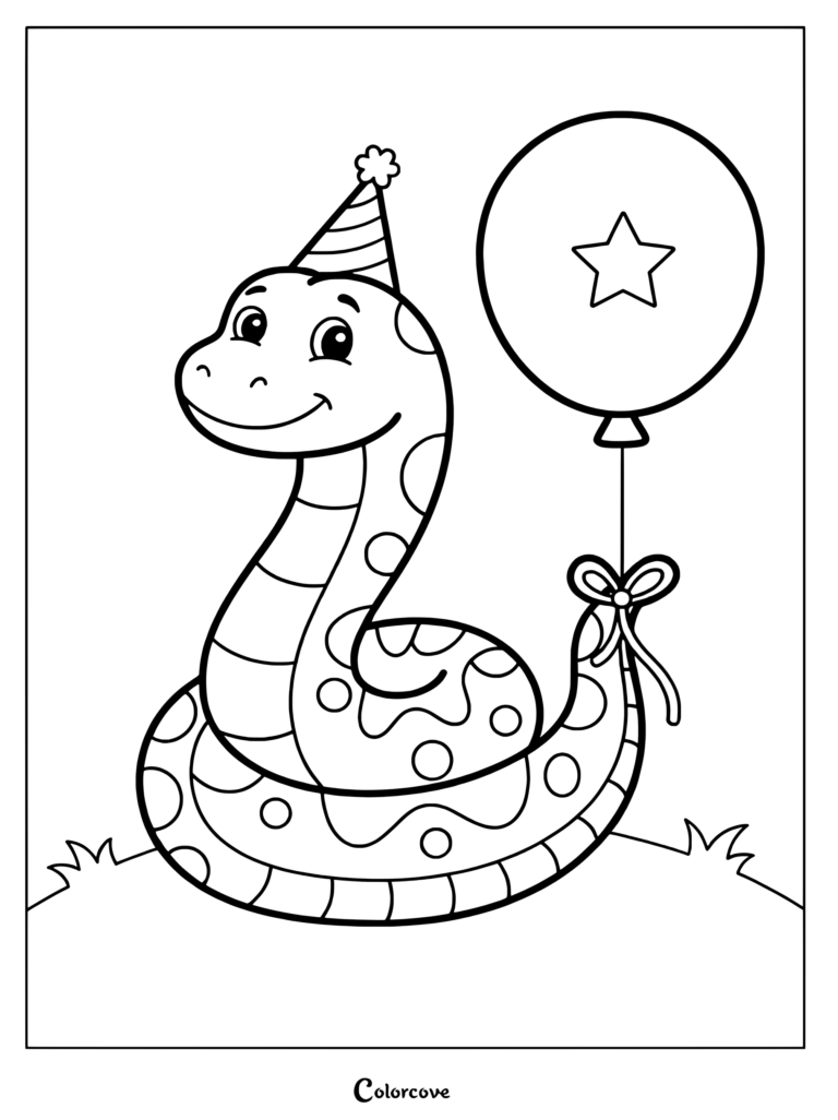 A cute spotted snake wearing a striped party hat and holding a star-patterned balloon in this printable coloring page.