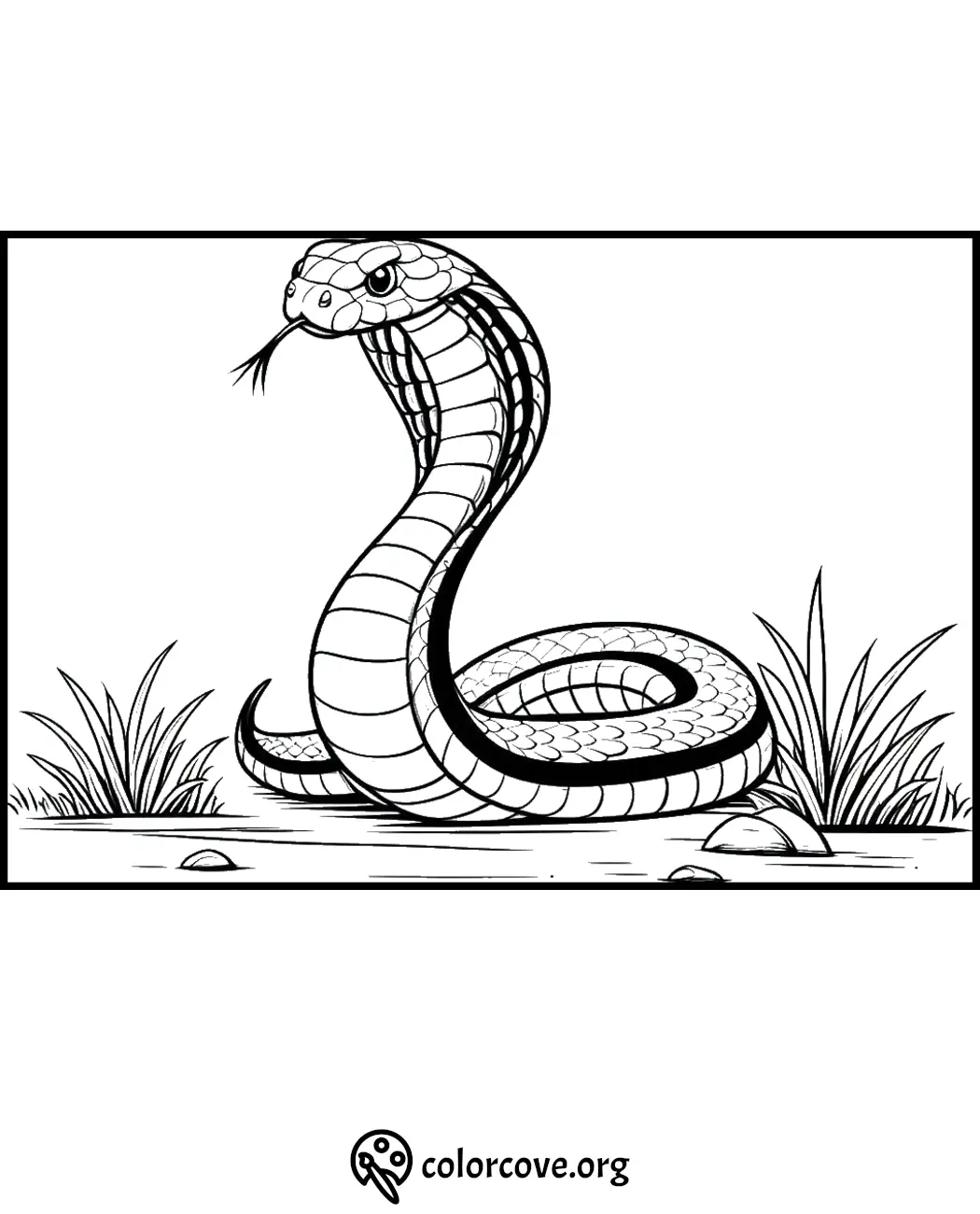 Coloring page of a coiled snake with detailed scales and grass, perfect for kids to color and learn about reptiles.