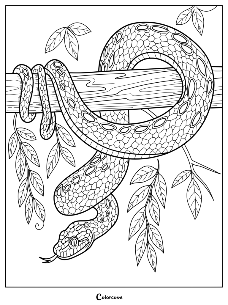 A detailed snake with patterned scales coiled around a wooden branch, featured in a printable coloring page.