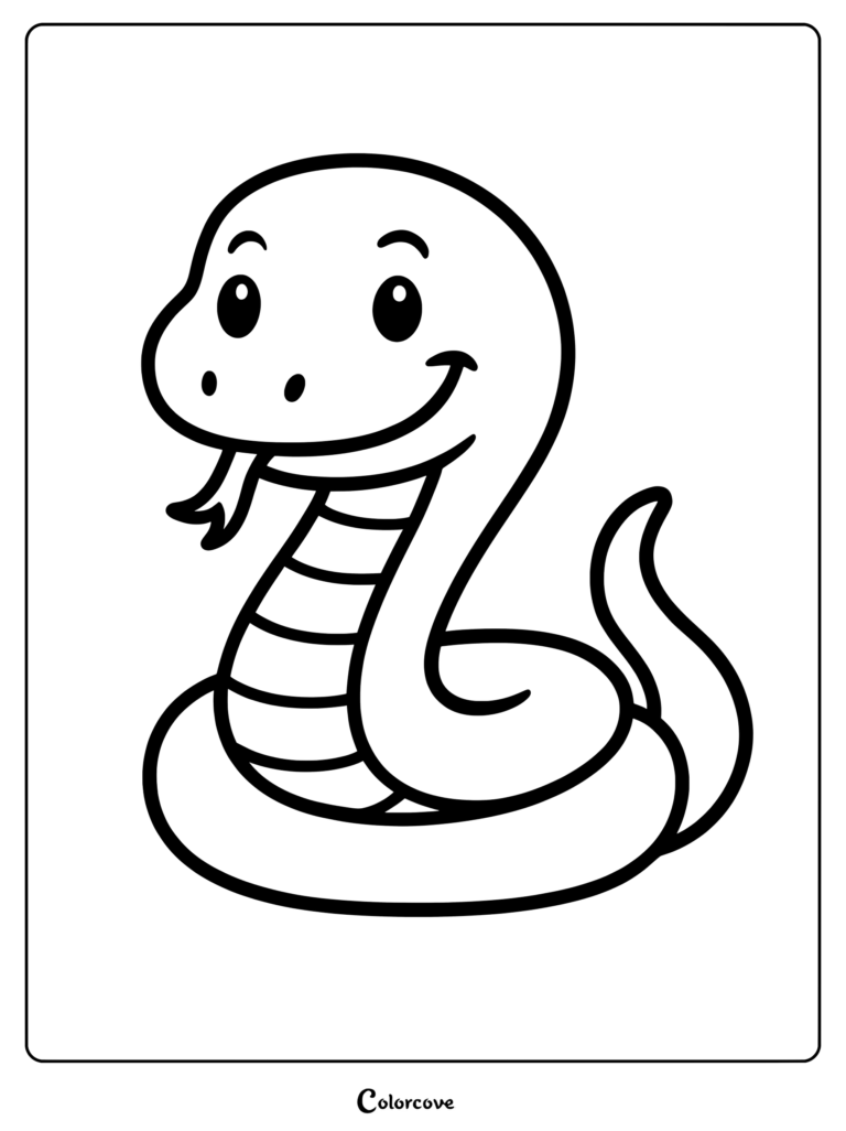 A simple coloring page featuring a cute cartoon snake with a coiled body and a friendly smiling face.
