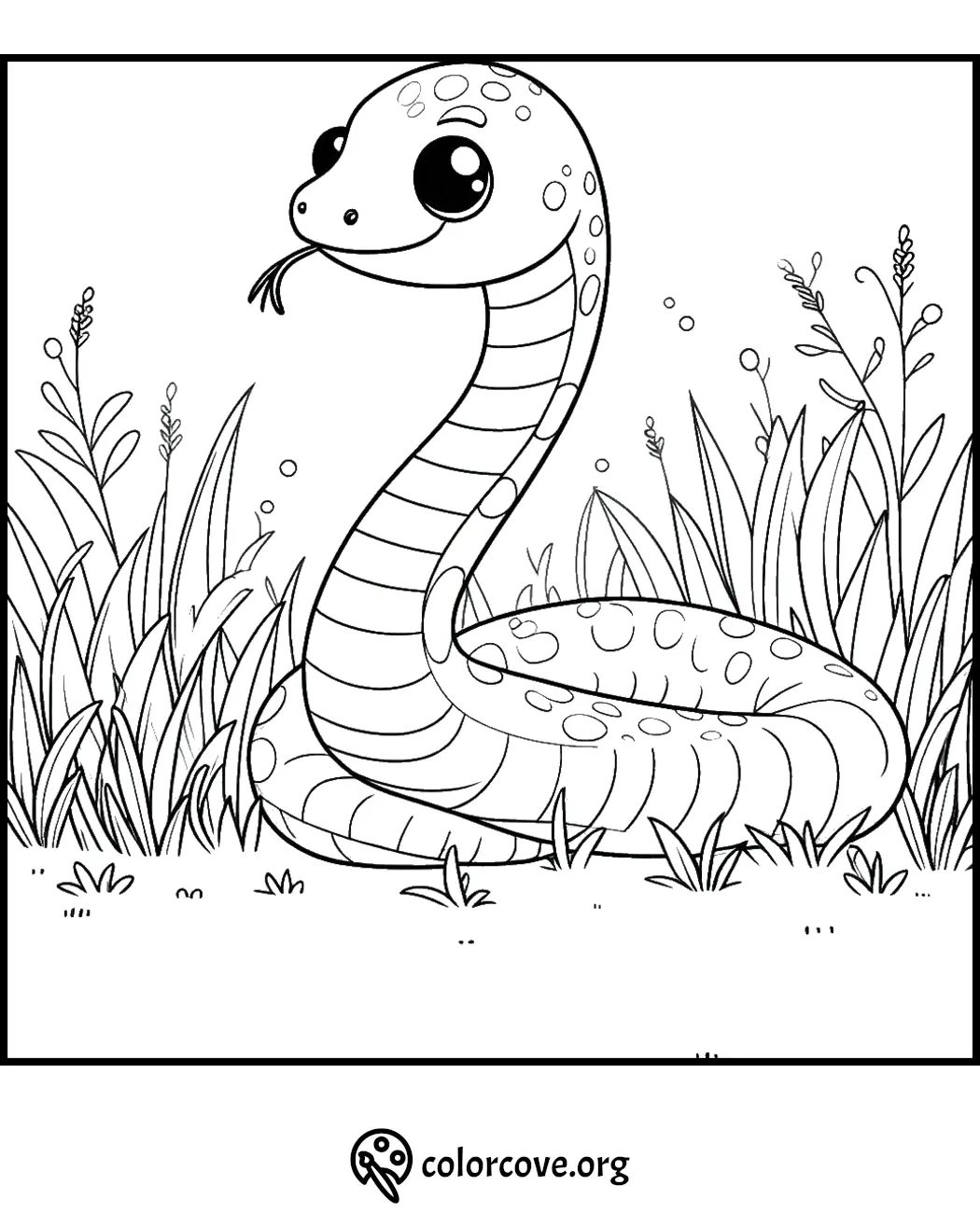 Cute snake coloring page for kids, showing a smiling snake with big eyes in tall grass. Free printable from colorcove.org.