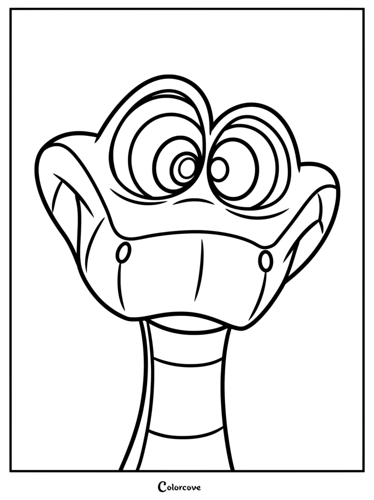 Close-up line art of Kaa the snake with large hypnotic eyes for a printable coloring page.