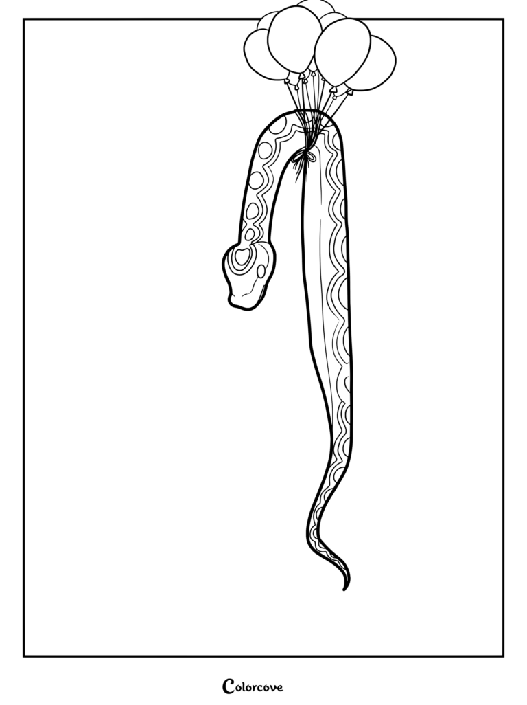 A patterned snake holding a bunch of balloons in this printable coloring page.