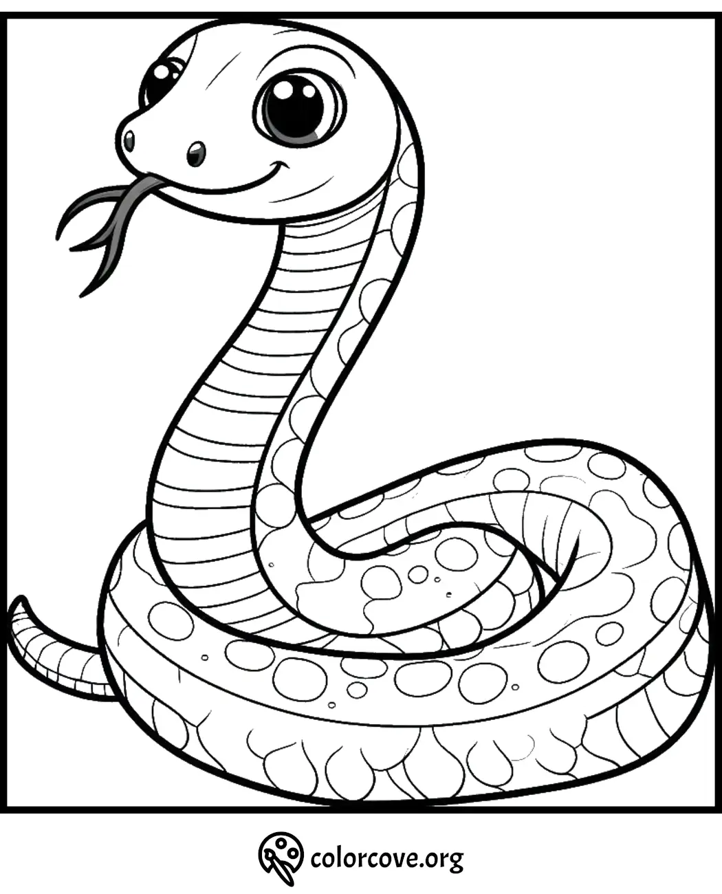 Cute cartoon snake coloring page for kids, featuring a coiled snake with big eyes and a smiling face. Printable at colorcove.org.