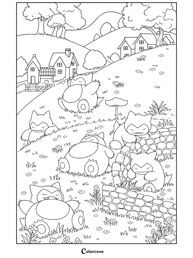 Coloriage à imprimer montrant plusieurs Ronflex dormant paisiblement dans un pré herbeux près d'un village rural