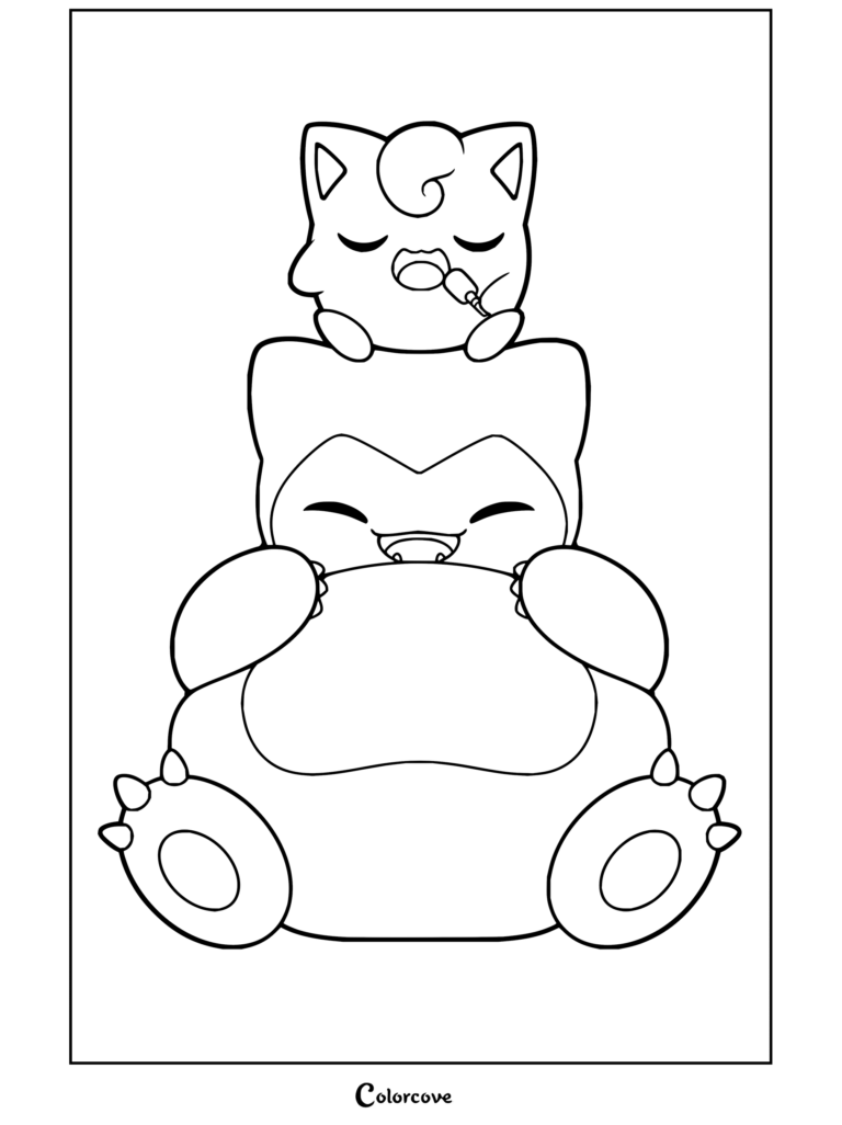 Coloriage de Ronflex se reposant avec un adorable Rondoudou qui chante dans un micro sur sa tête