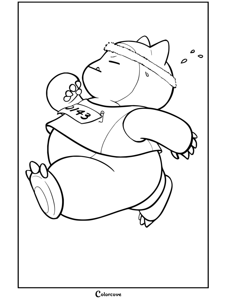 Coloriage de Ronflex courant un marathon avec un bandeau et le dossard numéro 143