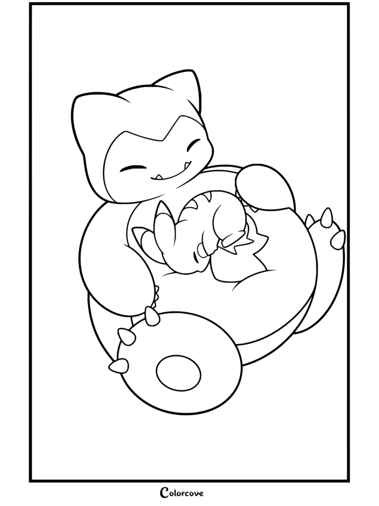 Coloriage de Ronflex dormant et câlinant Pikachu dans un pré verdoyant