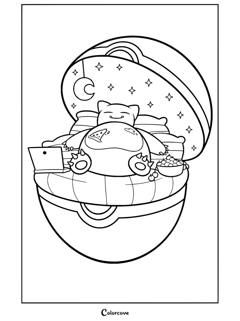 Coloriage de Ronflex dormant dans une Poké Ball avec un ordinateur portable, une pizza et des friandises
