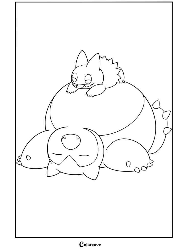Coloriage de Ronflex dormant sur le dos avec Goinfrex posé sur son ventre