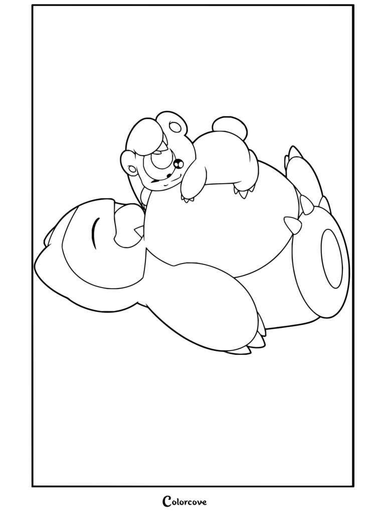 Coloriage de Ronflex dormant sur le dos avec Teddiursa reposant sur son ventre, à imprimer et colorier pour les fans.