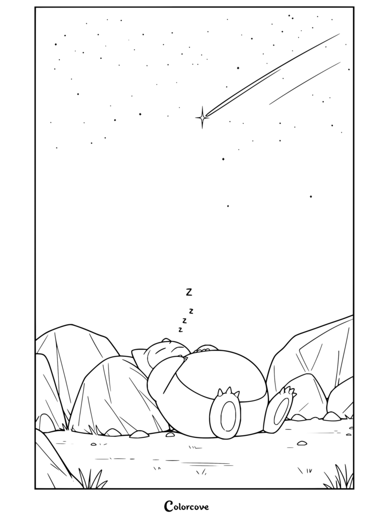 Coloriage de Ronflex dormant paisiblement sous un ciel nocturne étoilé