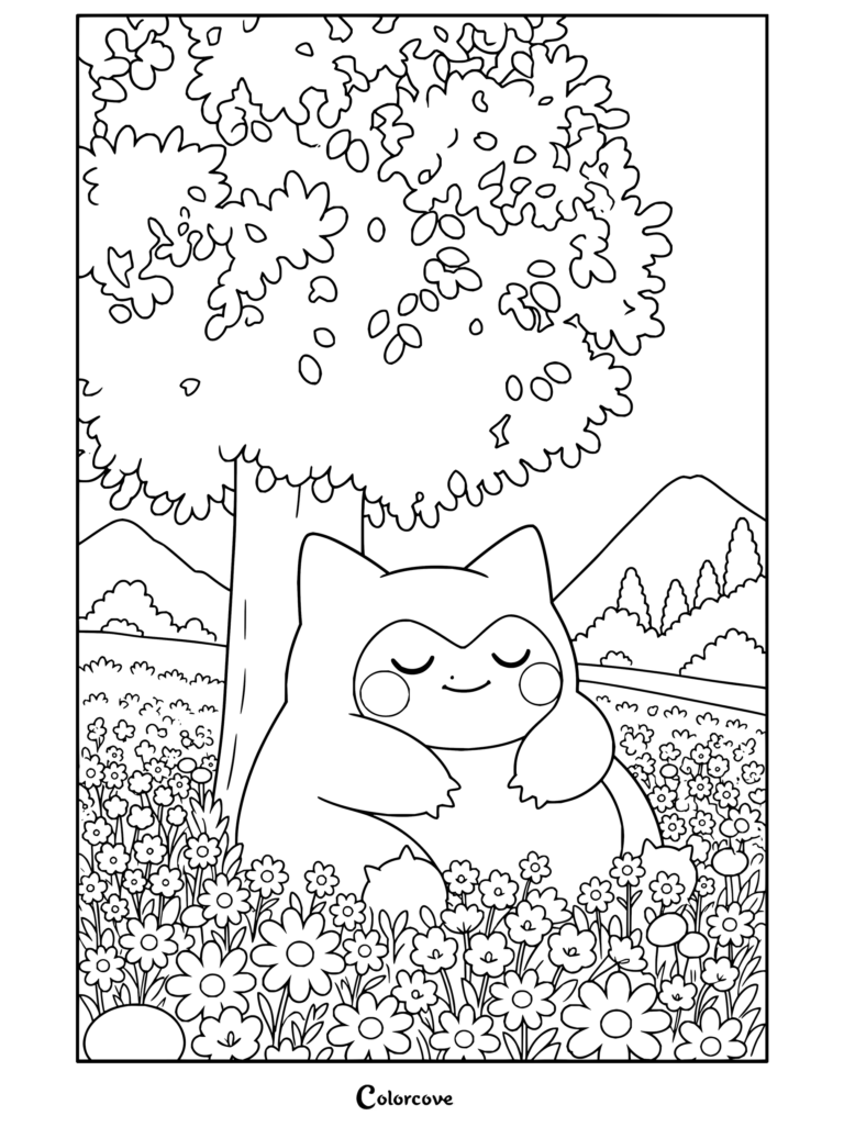 Coloriage à imprimer de Ronflex dormant paisiblement sous un grand arbre feuillu dans un pré fleuri de marguerites avec des collines à l'horizon