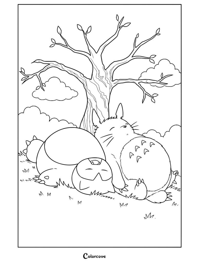 Coloriage de Ronflex et Totoro dormant paisiblement sous un arbre