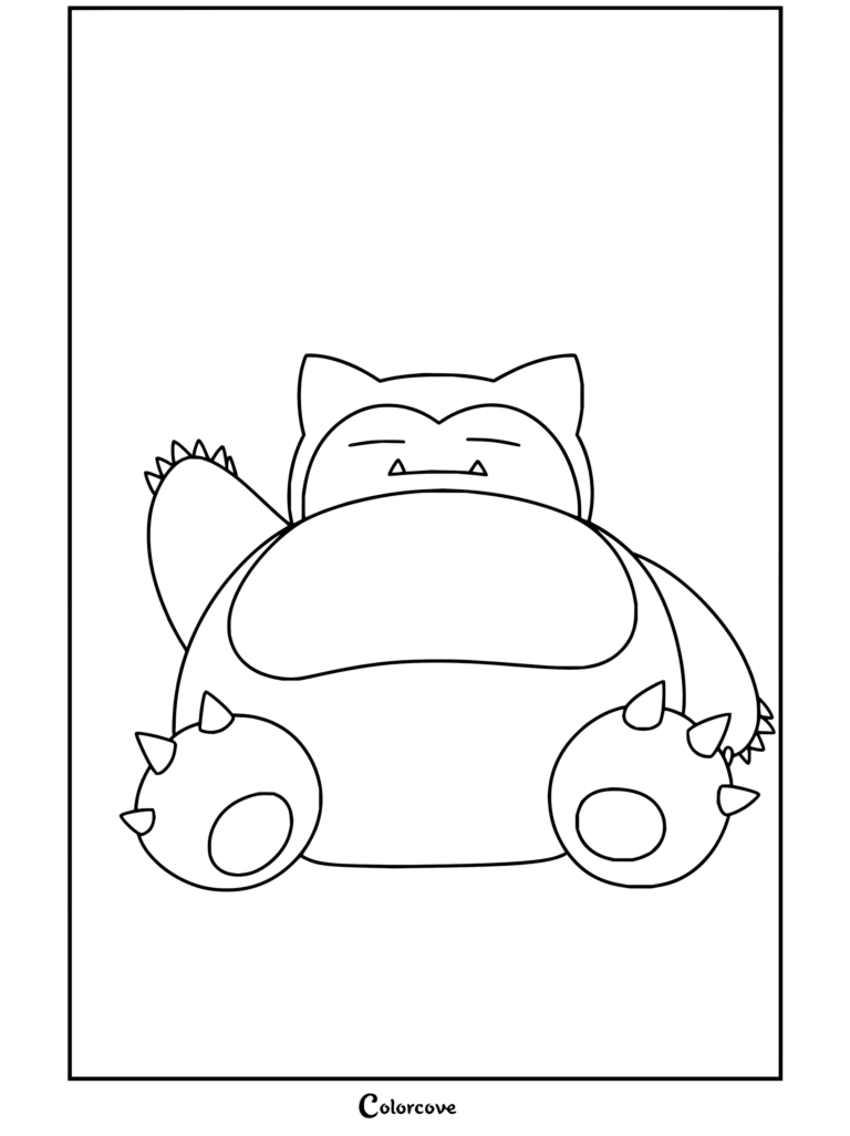 Coloriage de Ronflex dormant paisiblement avec des étincelles et des écritures japonaises
