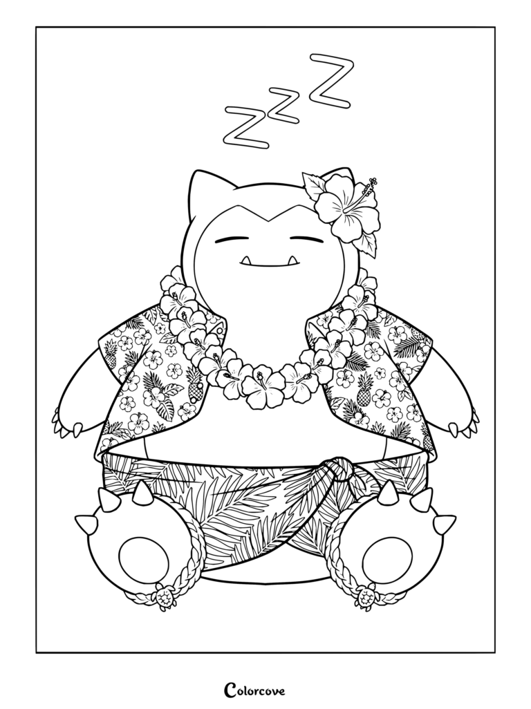 Coloriage à imprimer de Ronflex dormant paisiblement en chemise hawaïenne, collier de fleurs autour du cou et paréo tropical, avec des Z flottant au-dessus de sa tête