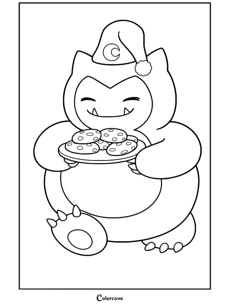 Coloriage de Ronflex portant un bonnet de nuit et tenant une assiette de cookies aux pépites de chocolat