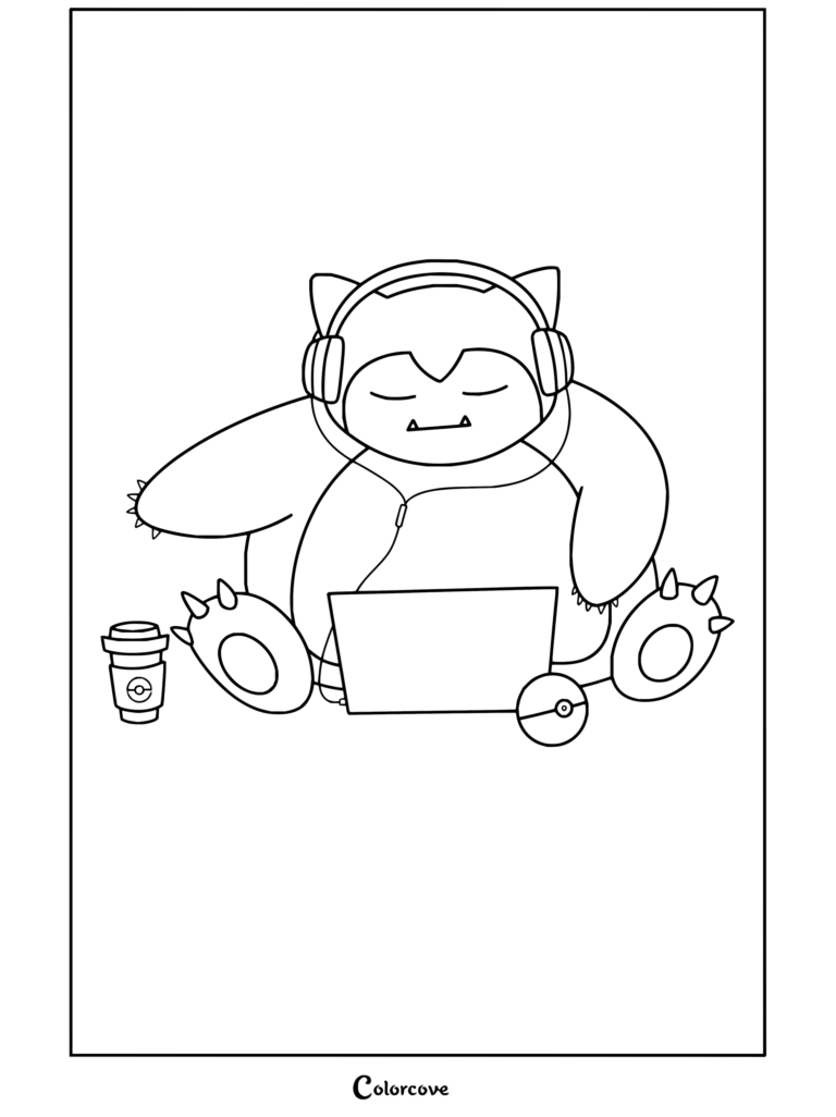 Coloriage gratuit à imprimer de Ronflex avec des écouteurs travaillant sur un ordinateur portable, avec une tasse de café et une Poké Ball
