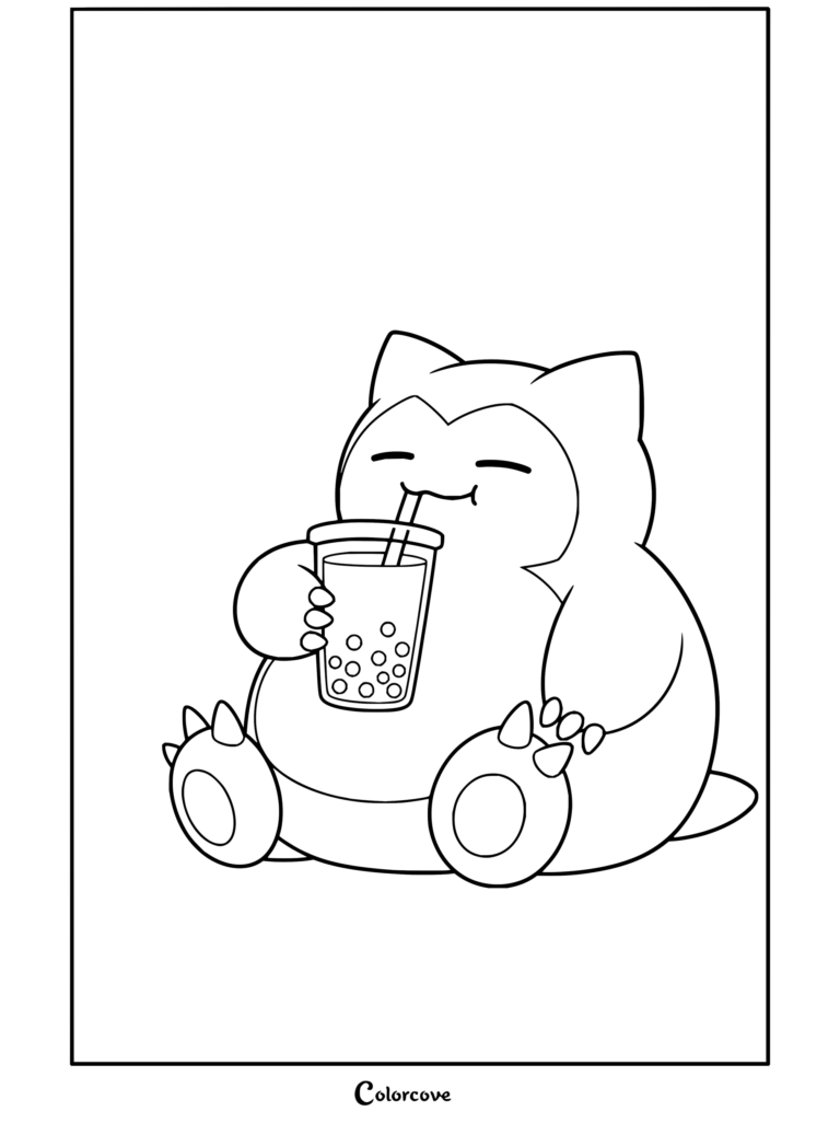 Coloriage de Ronflex buvant du thé boba, montrant le sympathique Pokémon savourant un bubble tea rafraîchissant