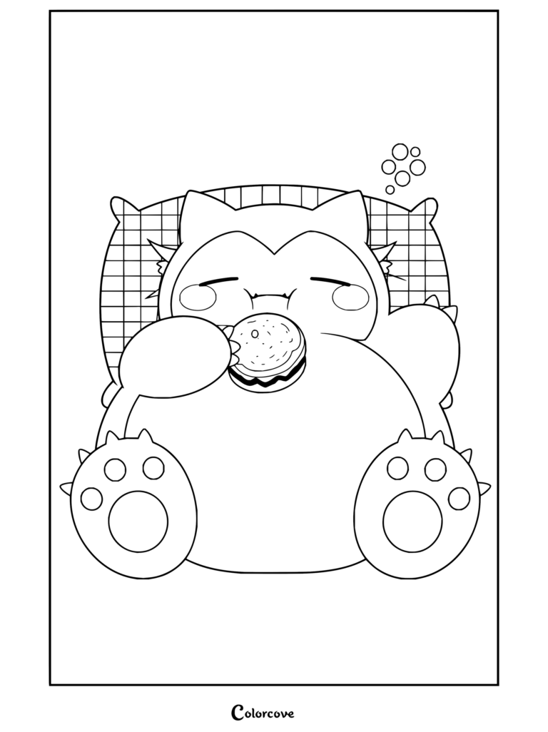 Coloriage de Ronflex mangeant un burger tout en dormant sur un oreiller dans son lit