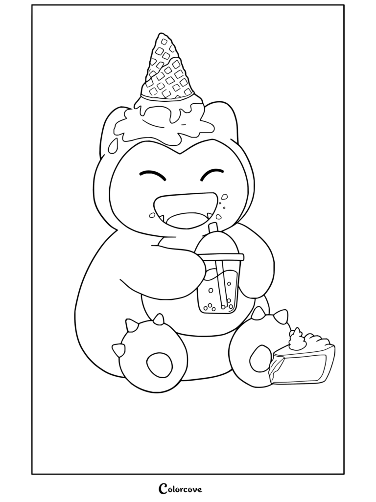 Coloriage de Ronflex dégustant de la glace, un bubble tea et une tarte