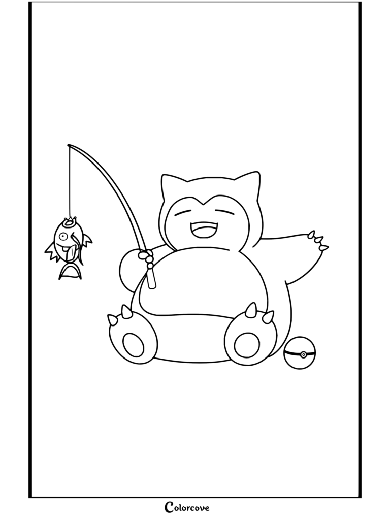Coloriage de Ronflex tenant une canne à pêche avec un Magicarpe au bout du fil et une Poké Ball à proximité