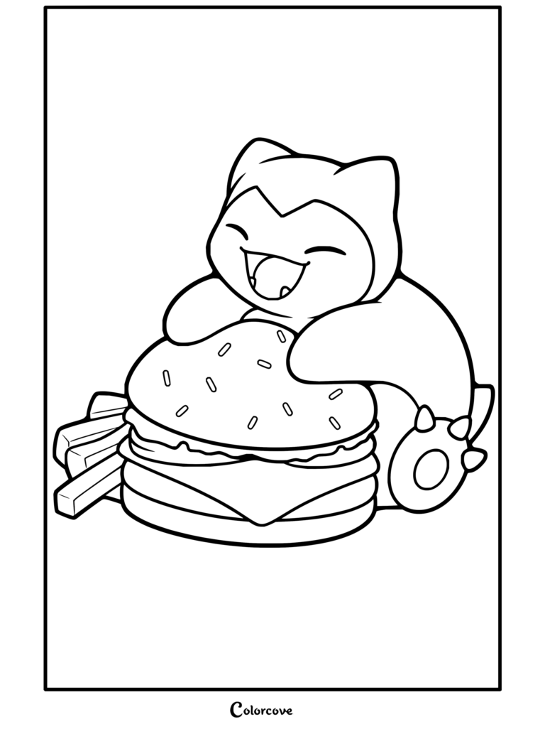 Coloriage de Ronflex serrant joyeusement dans ses bras un cheeseburger géant accompagné de frites