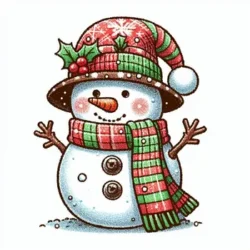 Cute snowman coloring page with festive hat and scarf, perfect for winter holiday activities and crafts.