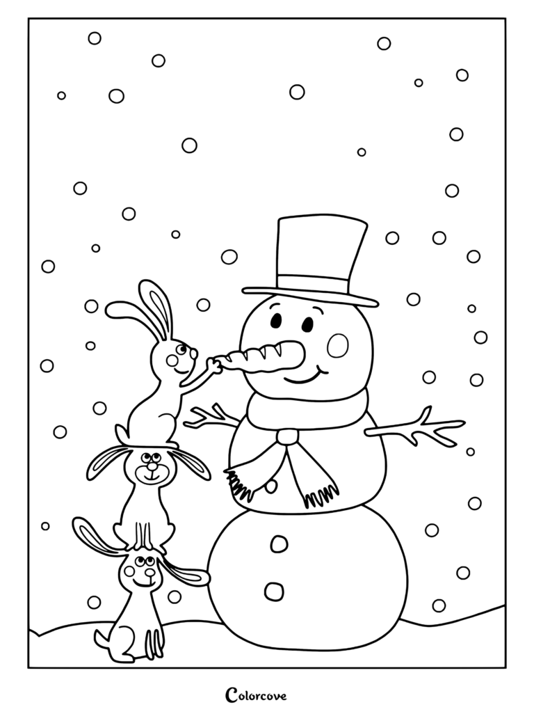 A snowman wearing a top hat and scarf with three stacked bunnies reaching for his carrot nose in this printable coloring page.