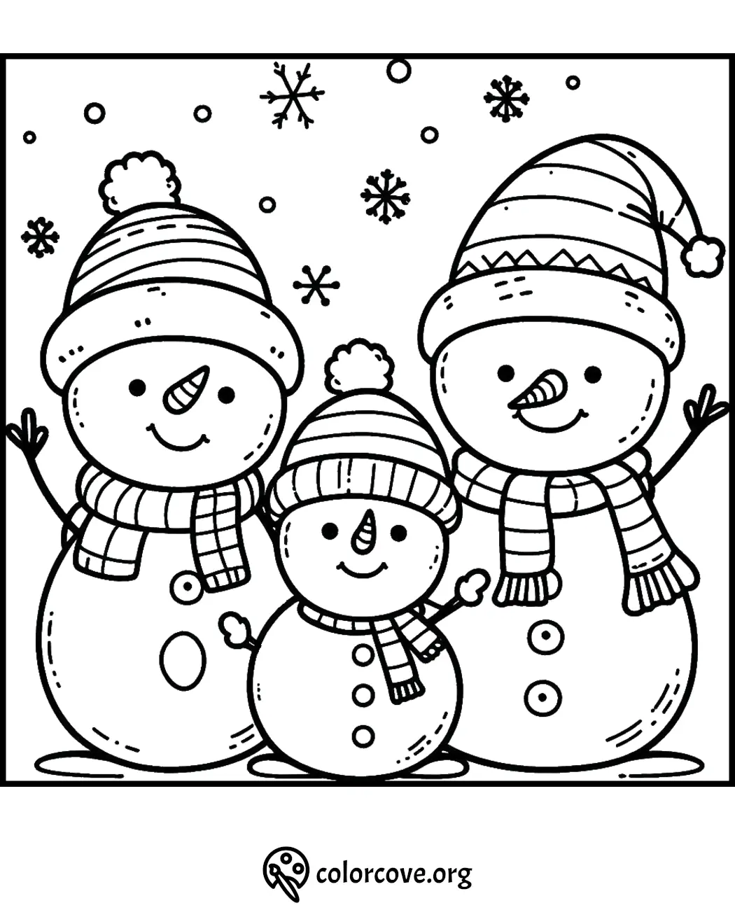 Cute snowman family coloring page with hats and scarves, surrounded by snowflakes, perfect for winter fun.