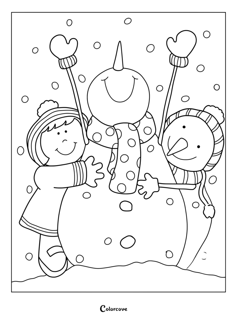 A child in a winter hat and a small snowman hugging a large snowman in a snowfall coloring page.