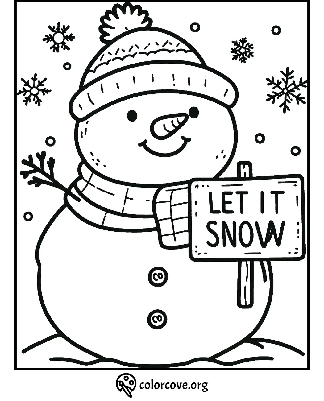 Smiling snowman coloring page with Let It Snow sign and snowflakes in the background for winter fun.